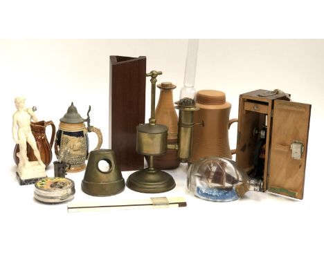 A mixed lot to include oil lantern; carved wooden vase; Castell slide rule; cased microscope; ship in a bottle etc 