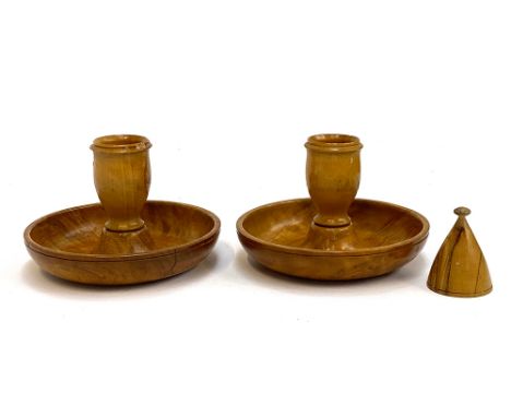 A treen 'Brighton Bun' travel candlestick pair with snuffer, 10cmD 