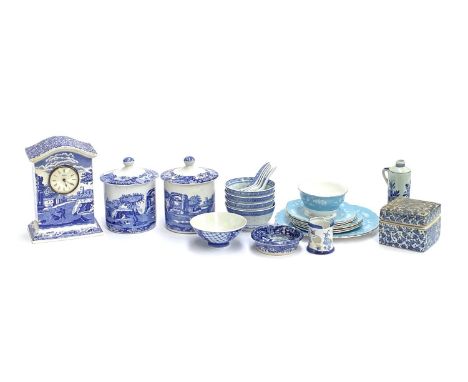 A quantity of blue and white ceramics to include a Spode mantel clock, Chinese blue and white rice ware, Delft etc 