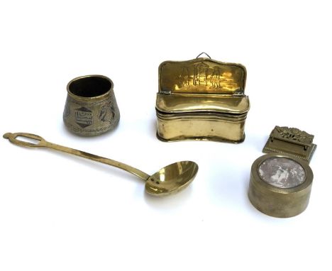 A 19th century naive brass candle box engraved with a gentleman being carried in a sedan chair, 17.5cmW; a French silver plat
