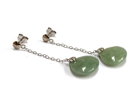 A pair of sterling silver, jade and diamond drop earrings, the natural diamonds 0.01cts, the jade 1.3x1.6cm, 4.3cmL 