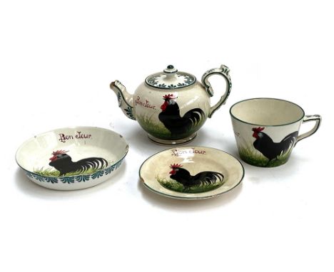 A small collection of 19th century Wemyss for T. Goode ceramics decorated with 'Bon Jour' black cockerel design (af), to incl