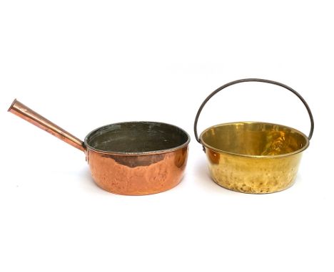 A large copper saucepan with riveted handle; together with a brass pan with iron loop handle, each approx. 34cmD 