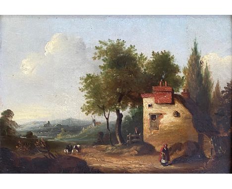 Manner of Constable, 19th century oil on mahogany panel, cottage in a rural landscape with a windmill in the distance, signed