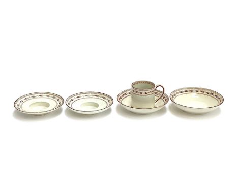 A small quantity of early 19th century creamware with brown barley pattern border, likely Wedgwood, to include footed saucers