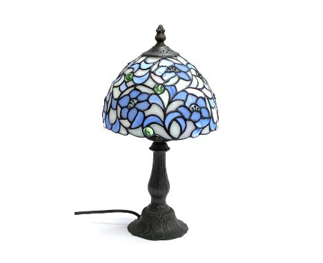 A Tiffany style stained glass spelter table lamp, 36cmH