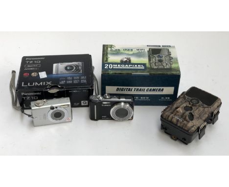 A 20 megapixel Campark digital waterproof wildlife trail camera; together with a Panasonic Lumix TZ10 and one other 