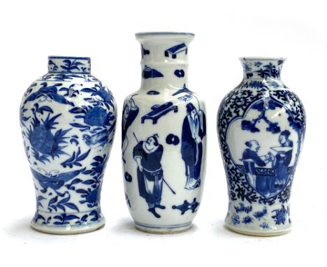 Three small Chinese blue and white baluster form vases, one in Kangxi style depicting elders and scholars objects, one decora