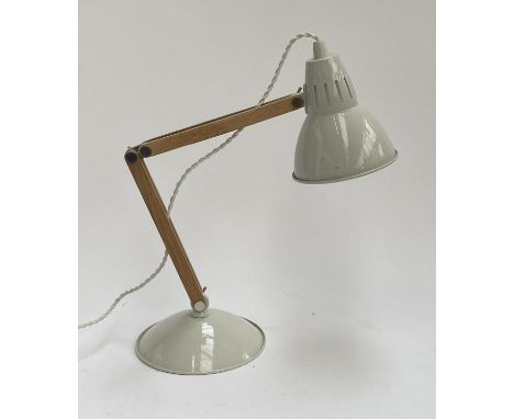 A modern white enamel metal and wood angle poise style desk lamp 