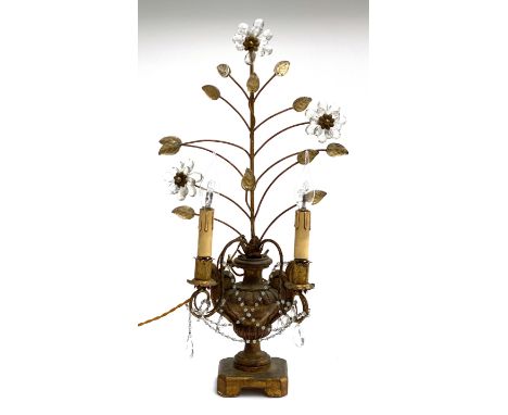 Interior design interest: An Italian giltwood twin fitting table lamp, 69.5cmH; together with two white painted wrought metal