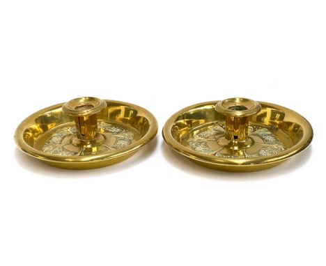 A pair of Orme, Evans &amp; Co. Ltd Arts and Crafts brass candlestick holders, 18cmD 