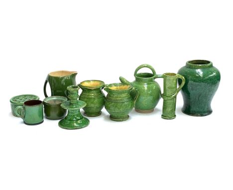 A quantity of mainly continental green glazed ceramics to include vases, teapot, candlestick holder etc 