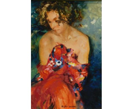Nydia Lozano (b.1947). Female portrait, oil on board, signed, exhibition catalogue 1987 verso, 38.5cm x 25cm. 