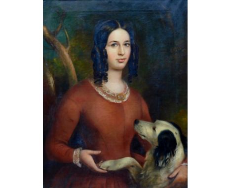 19thC British School. Half length portrait of a young lady with dog, oil on canvas, 90cm x 70cm. 