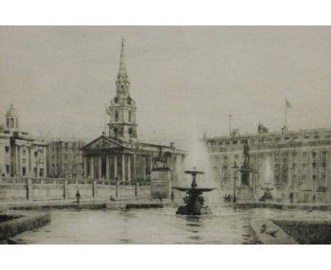 Rowland Langmaid (1897-1956). City square, London, artist signed etching, 15.5cm x 20.5cm.