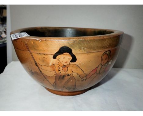Early 20th centuty turned wooden bowl painted with a Dutch scene. D: 28 cm. UK P&amp;P Group 2 (£20+VAT for the first lot and