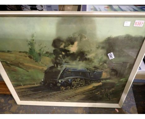 Terrence Cuneo print of an A4 Pacific locomotive, 60 x 80 cm. Not available for in-house P&amp;P 