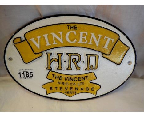 Cast iron Vincent Motorcycles plaque, W: 35 cm. UK P&amp;P Group 1 (£16+VAT for the first lot and £2+VAT for subsequent lots)