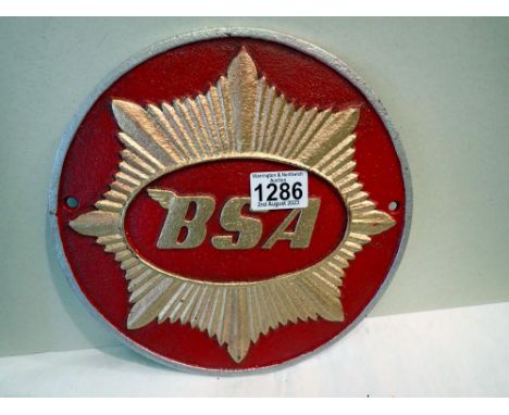 Cast iron circular BSA sign, D: 25 cm. UK P&amp;P Group 1 (£16+VAT for the first lot and £2+VAT for subsequent lots) 