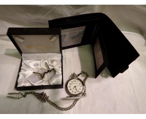 Philip Mercier white metal pocket watch and chain and a new and unused black leather wallet. UK P&amp;P Group 1 (£16+VAT for 
