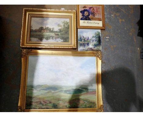 Gilt framed print and oil on board and a painted tile. Not available for in-house P&amp;P 