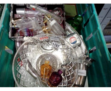 Mixed silver plate, glass and flatware with glass perfume bottles. Not available for in-house P&amp;P 