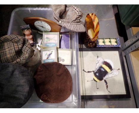 Mixed items to include a paraffin lamp, flat caps, clock etc. Not available for in-house P&amp;P 