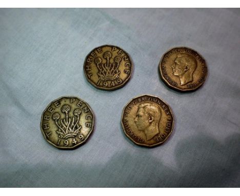 1946 threepence and three 1949 threepences. UK P&amp;P Group 1 (£16+VAT for the first lot and £2+VAT for subsequent lots) 