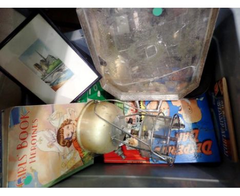 Box of mixed items including a paraffin lamp. Not available for in-house P&amp;P 