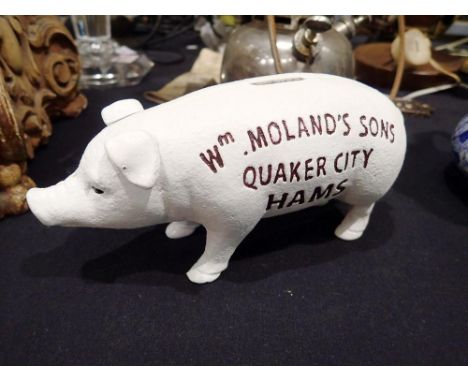 Cast iron W. Molands and Sons Quaker City Hams piggy bank, L: 20 cm. UK P&amp;P Group 1 (£16+VAT for the first lot and £2+VAT