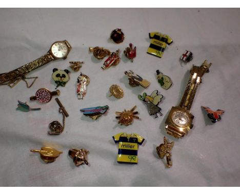 Two ladies wristwatches and mixed enamel pin badges. UK P&amp;P Group 1 (£16+VAT for the first lot and £2+VAT for subsequent 