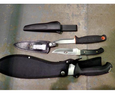 Three knives including a Browning hunting knife, an Anglo Arms Haku machete and a rubber handled hunting knife all with sheat