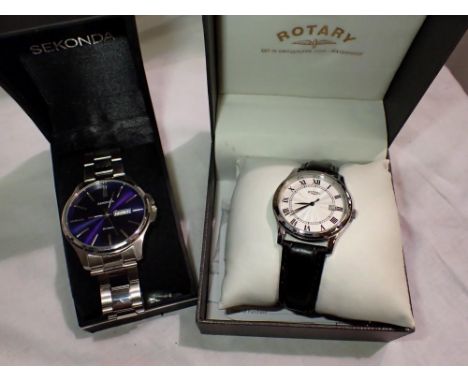 SEKONDA: gents day/date blue dial wristwatch, working at lotting and a gents Rotary wristwatch, requires battery. UK P&amp;P 