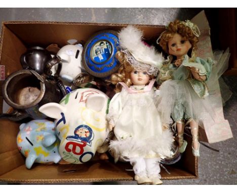 Quantity of mixed items including ceramic pigs and dolls. Not available for in-house P&amp;P 