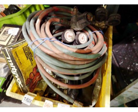 Box of mixed garage tools to include valve compressors and oxy-acterine pipes. Not available for in-house P&amp;P 
