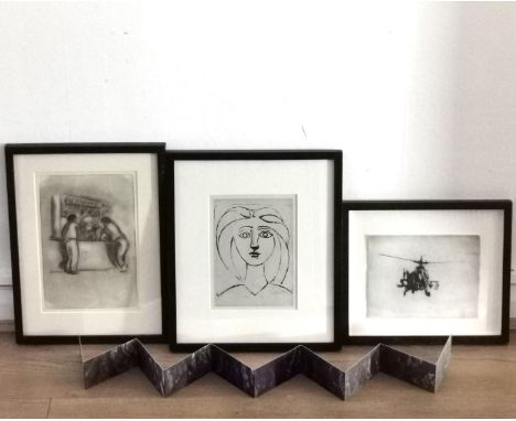Three framed and glazed artworks to include a signed etching titled 'Chopper 3' by Tamsin Relly, a print after Picasso's 'Lon