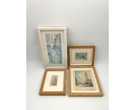 Four artworks to include a signed and limited edition etching in colours titled 'Cockle Boats' by Simon Winch, an indistinctl