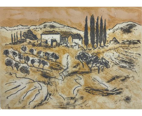 A signed and limited edition etching with colours titled 'Tuscany Farm'. Framed and glazed with a label to the reverse. H.567