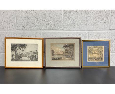 Three prints to include a signed 19th century etching titled 'Buckingham Palace (as first bought by George I)' by G. Barnard,
