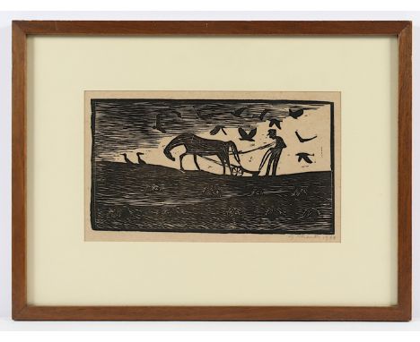  MARCKS, Gerhard, "Pflügender Bauer", Original-Holzschnitt, 13,5 x 24,5, handsigniert, 1974, R.          