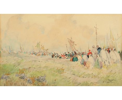   BONER, Victor (1871-1951), "Prozessionszug der Troménie bei Locronan", Aquarell/Bleistift/Papier, 16 x 27, (Passepartoutaus