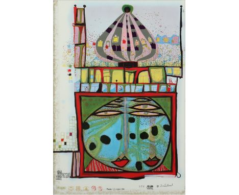   HUNDERTWASSER, Friedensreich, "Homo humus come va", Farboffset mit Folienprägungen, 28,5 x 19,5, R.          