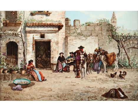  ALORDA Y PEREZ, Ramón (1848-1899), "Ansicht des Klosters Cartuja in Sevilla", polychrome Malerei auf Porzellan od. Keramik,