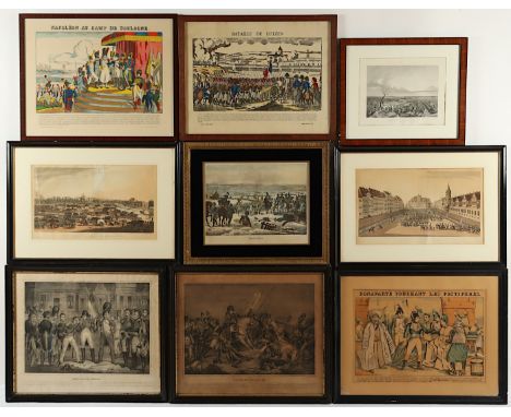  ELF NAPOLÉONISCHE SCHLACHTENSZENEN, Lithografien, Stahlstiche, teilw. Nachdrucke, besch., bis 41 x 55, 19./20.Jh., R.     