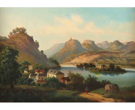   RHEINROMANTIKER DES 19.JH., "Blick über den Rhein auf Nonnenwerth, Rolandsbogen und Drachenfels", Öl/Lwd., 47 x 65, R.     