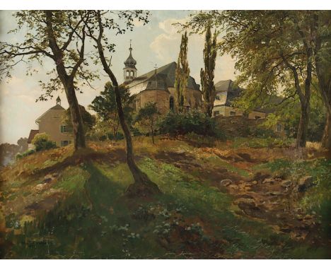   BÖHMER, Heinrich (1852-1930), "Spätsommerliche Landschaft mit Klosteranlage", Öl/Lwd., 60 x 81, stark besch., auf Platte au