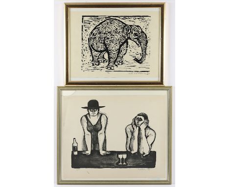   KÖHLER, Hannelore, zwei Arbeiten, "Elefant", Holzschnitt, 32 x 39, signiert und datiert '57 sowie "Am Tisch", Lithografie, 