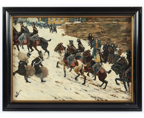   SCHEIBER, O.(Schlachtenmaler um 1900), "Kavallerie in einer Kleinstadt", wohl Kopie, Öl/Lwd., 49 x 69, unten links signiert