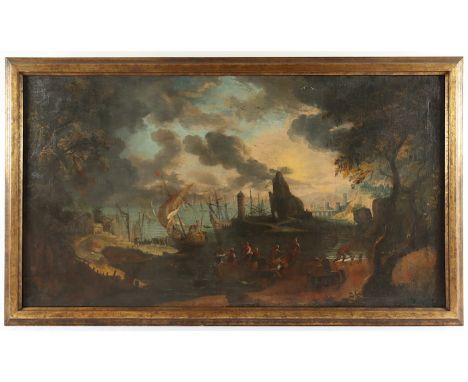   NIEDERLANDE 18.JH., "Idealisierte Landschaft mit Hafen", Öl/Lwd., 88 x 159, rest., R.          