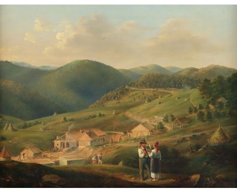   PUCHTA (Maler M.19.Jh.), "Landschaft mit Eisenbahnbau zwischen Orawitz und Anina (Rumänien)", Öl/Lwd., 33 x 41, unten recht